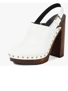 White Closed Toe Studded Clog Platform Slingback Buckle Strap Block Heels Shoe